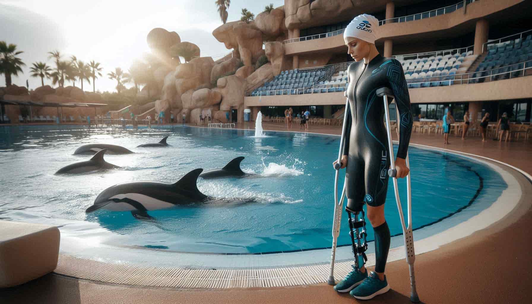 “Dramatic killer whale emerging from water near silhouette of female trainer, symbolizing mystery and danger.”